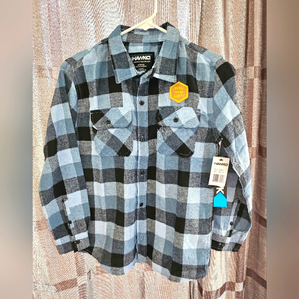 Tony Hawk Boys Longsleeve Flannel Shirt, Size Medium 10/12, Blue, Black, NWT